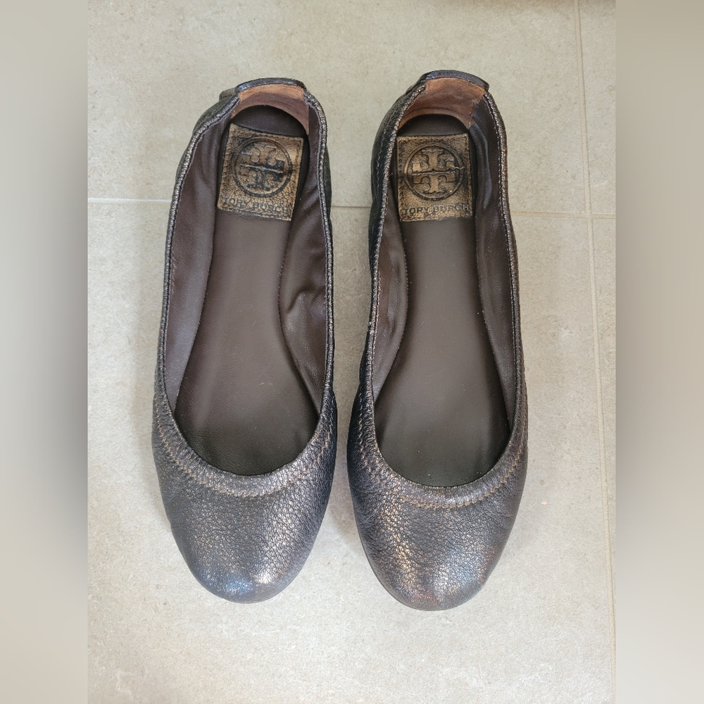 Tory Burch Bronze Brown Eddie Metallic Washed Leather Ballet Flats, Size 6.5